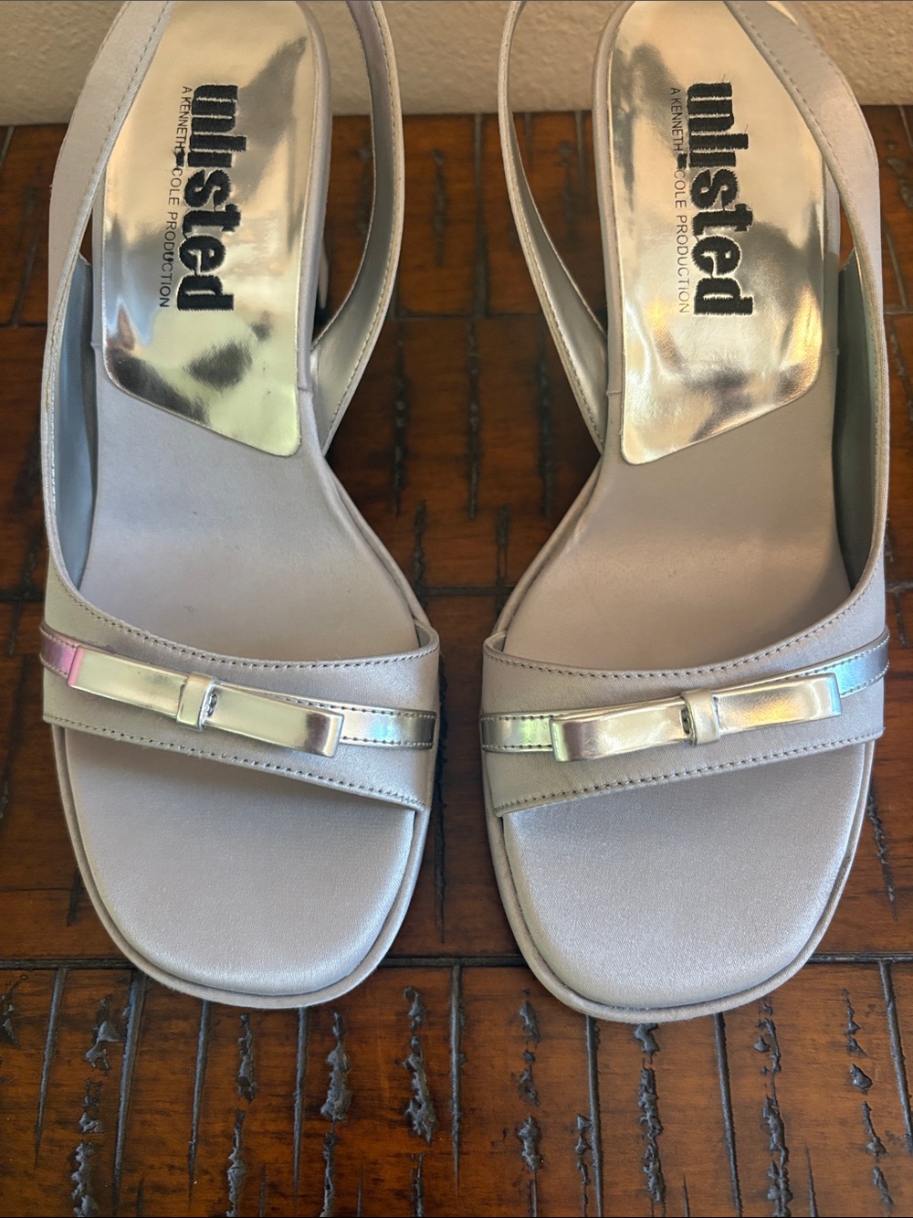 Unlisted by Kenneth Cole Silver Slingback Sandal Heels with Bow Detail - Picture 3 of 11